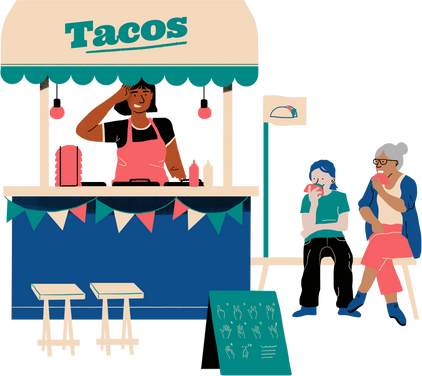 Handdrawn Tacos Stand with Sign Language Guide