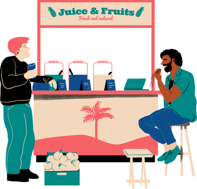 Handdrawn Men Using Sign Language at a Juice Stand